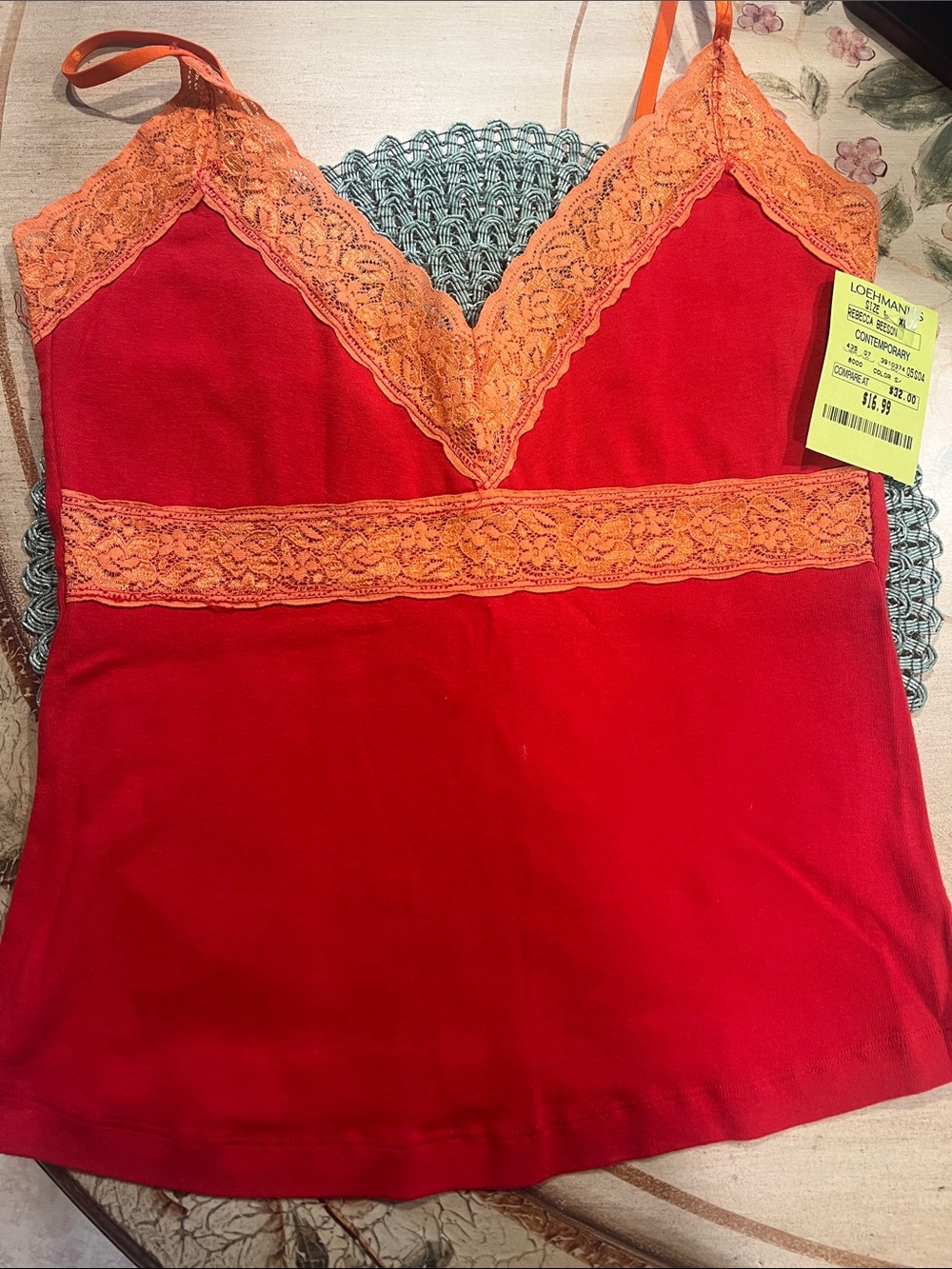NWT size XL Rebecca Beeson Red Camisole with Orange Lace Trim